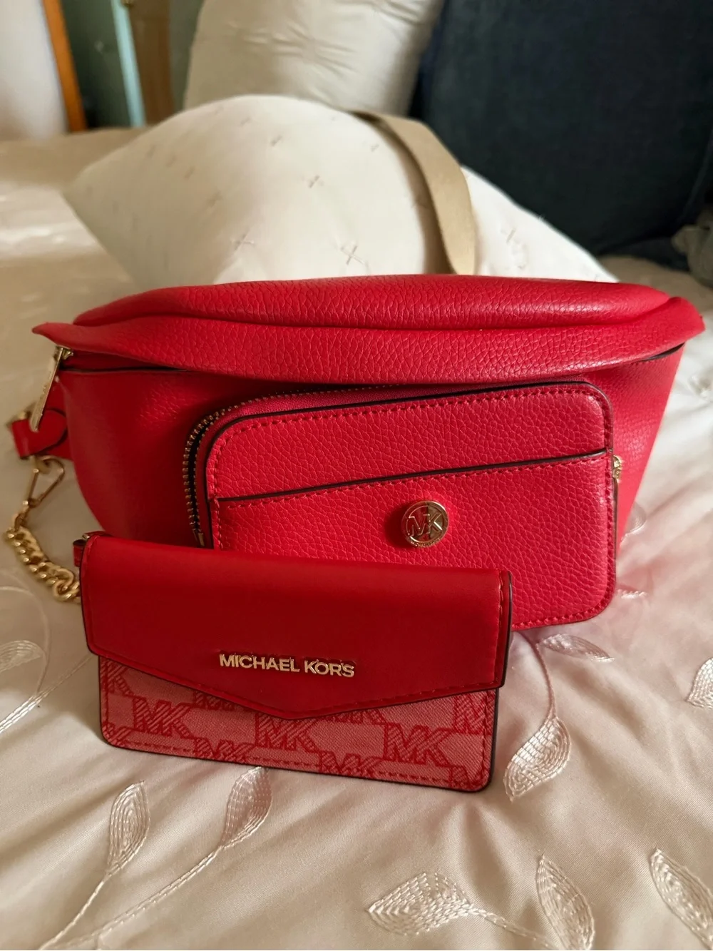 Michael Kors Red Leather Crossbody Bag with Gold Accent
